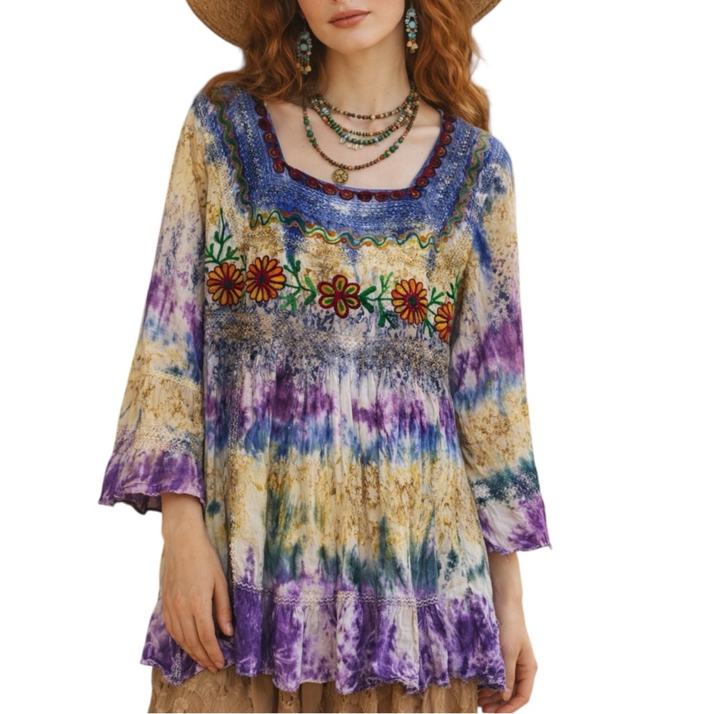Vintage Boho Embroidered Multicolour Tie‑Dye Floral Square Neck Tunic Top Large